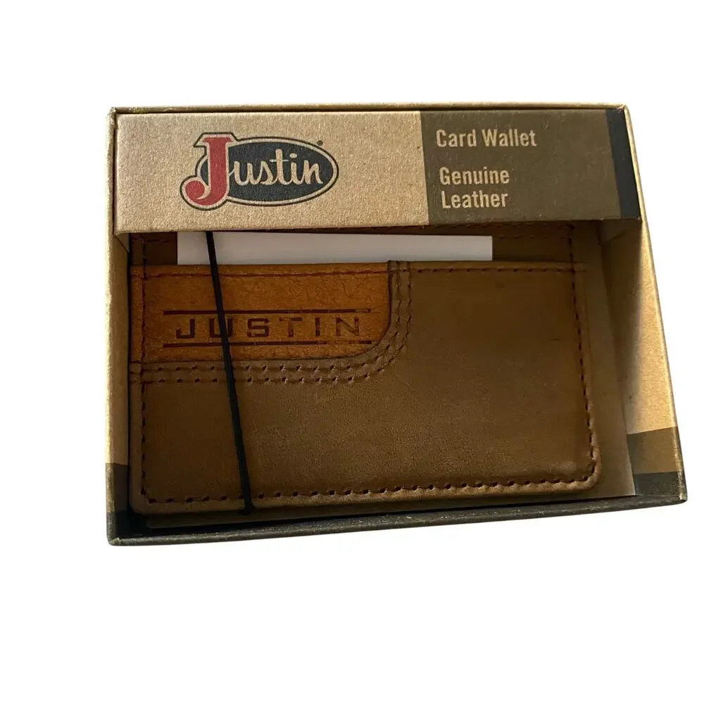 NWT Men's Justin Two Tone Chestnut Genuine Leather Card Wallet w/ Embossed Logo